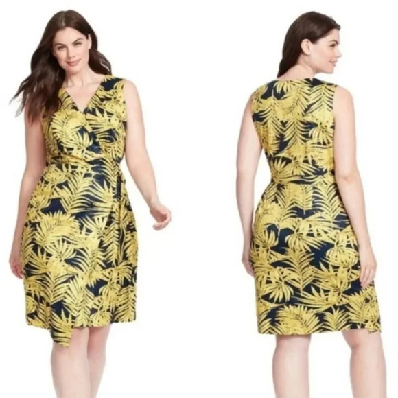 Hutch Anthropologie Carolyn Palm Tree Wrap Dress Gold Navy Size L - Picture 1 of 9